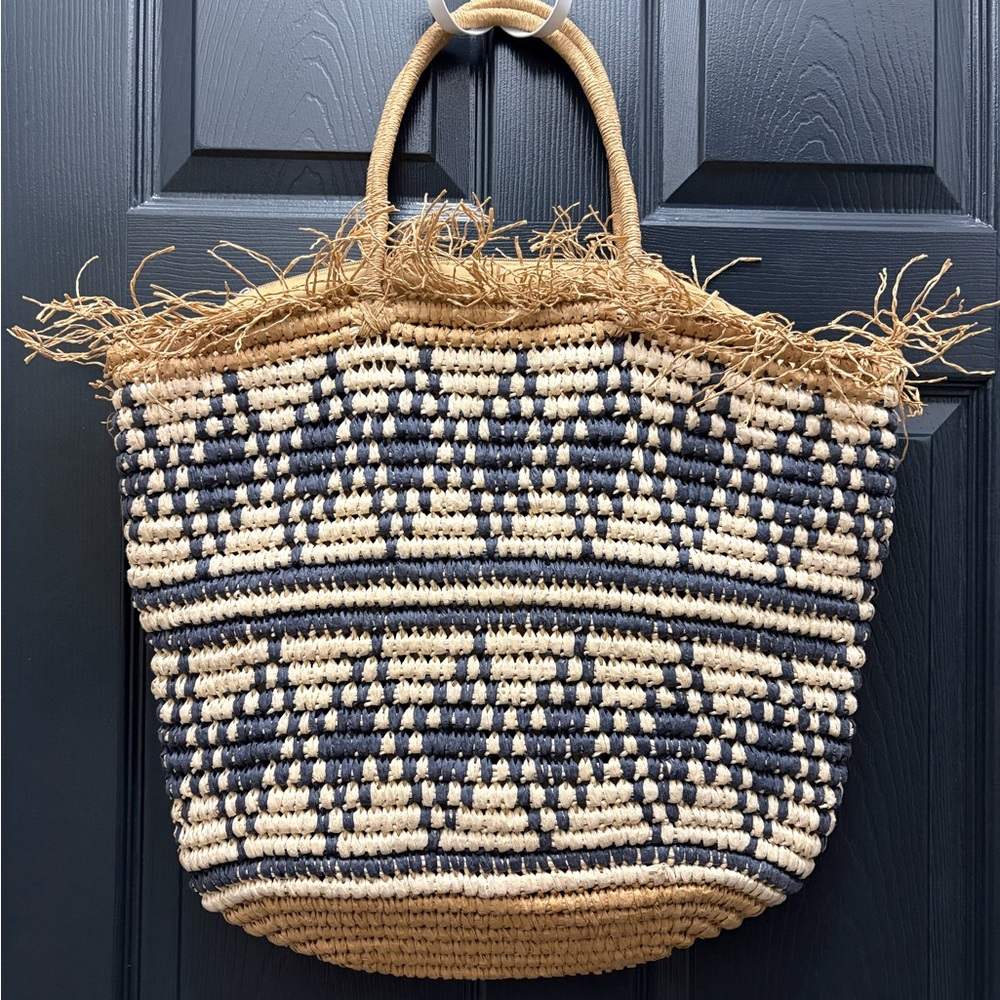 Stylish XL Woven Tote Bag - Navy, White and Tan